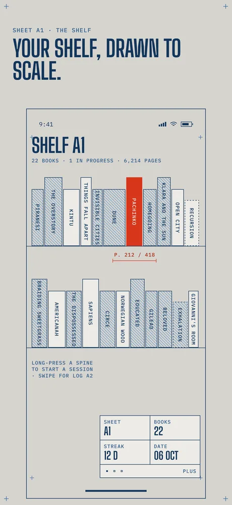 Dogear's shelf sheet in light mode: 22 books drawn as spines, hatched for unread, solid for finished, and Pachinko in red with a dimension line reading page 212 of 418.