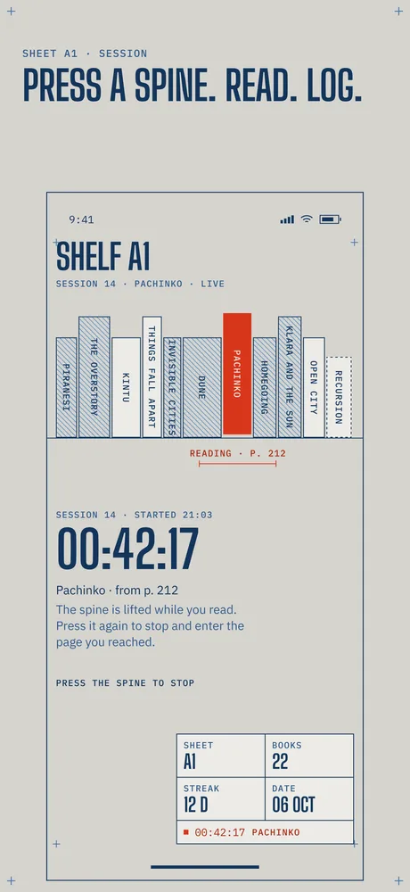 A live reading session: Pachinko's spine lifted in red, a timer reading 00:42:17, and the instruction to press the spine again to stop.