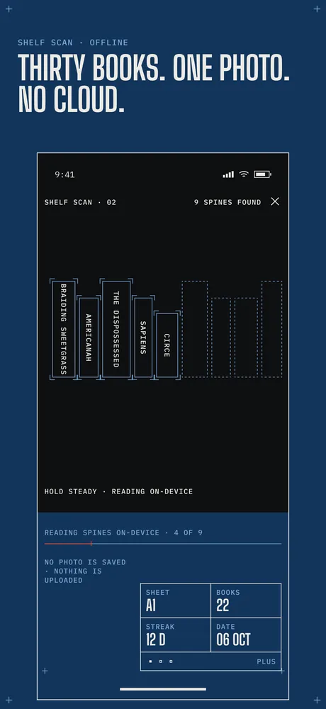 Shelf Scan in progress: wireframe boxes over book spines in the camera view, 9 spines found, reading on-device, with the note: no photo is saved, nothing is uploaded.
