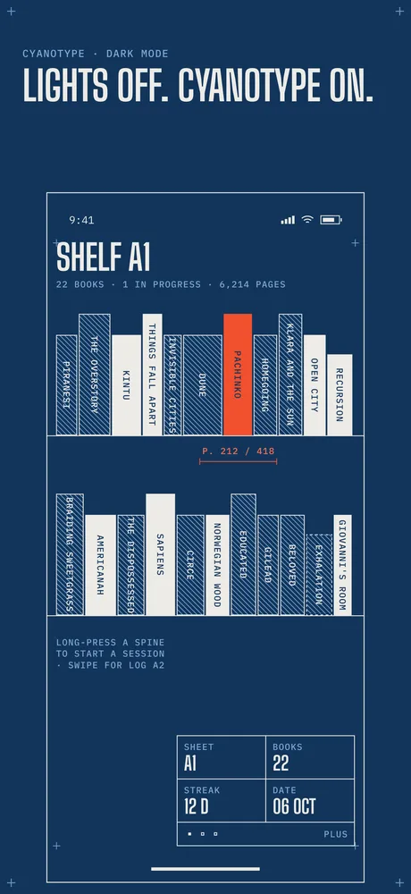 The same shelf in dark mode: a cyanotype print with white linework and the one red spine.